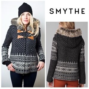 Smythe Fair Isle Fur Trim Hooded Duffle Coat with in Dark Grey & Cream